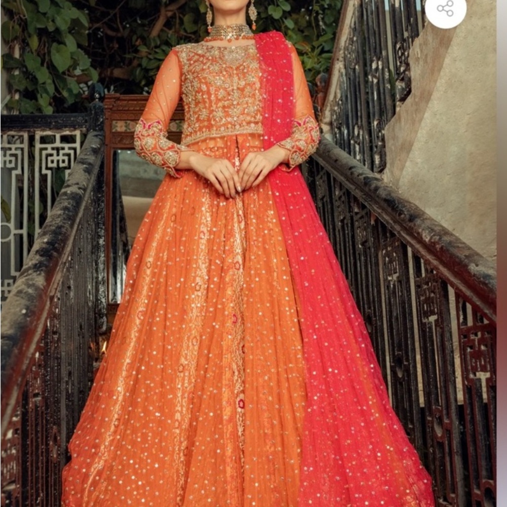 Mehndi Pakistani Bridal Orange and Pink Embellished Dress